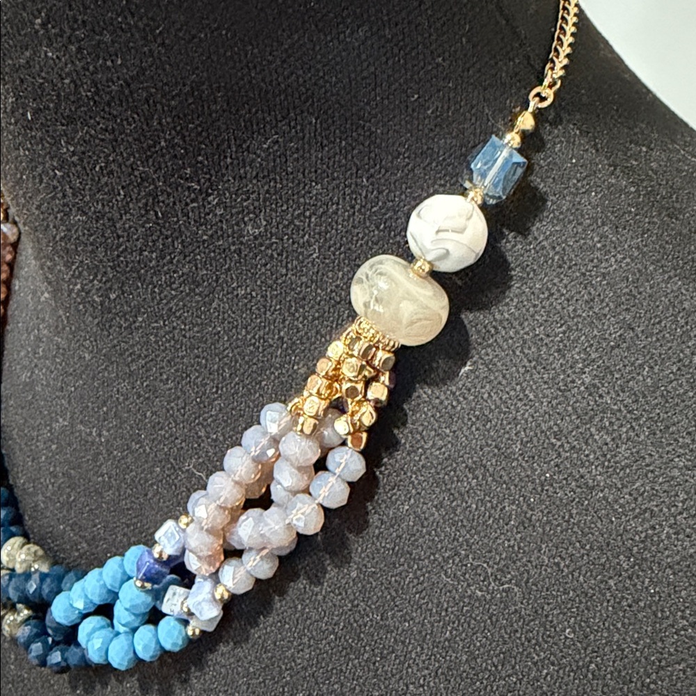 Boutique Multi Strand Blue Statement Necklace | Gold Accents - Picture 5 of 11